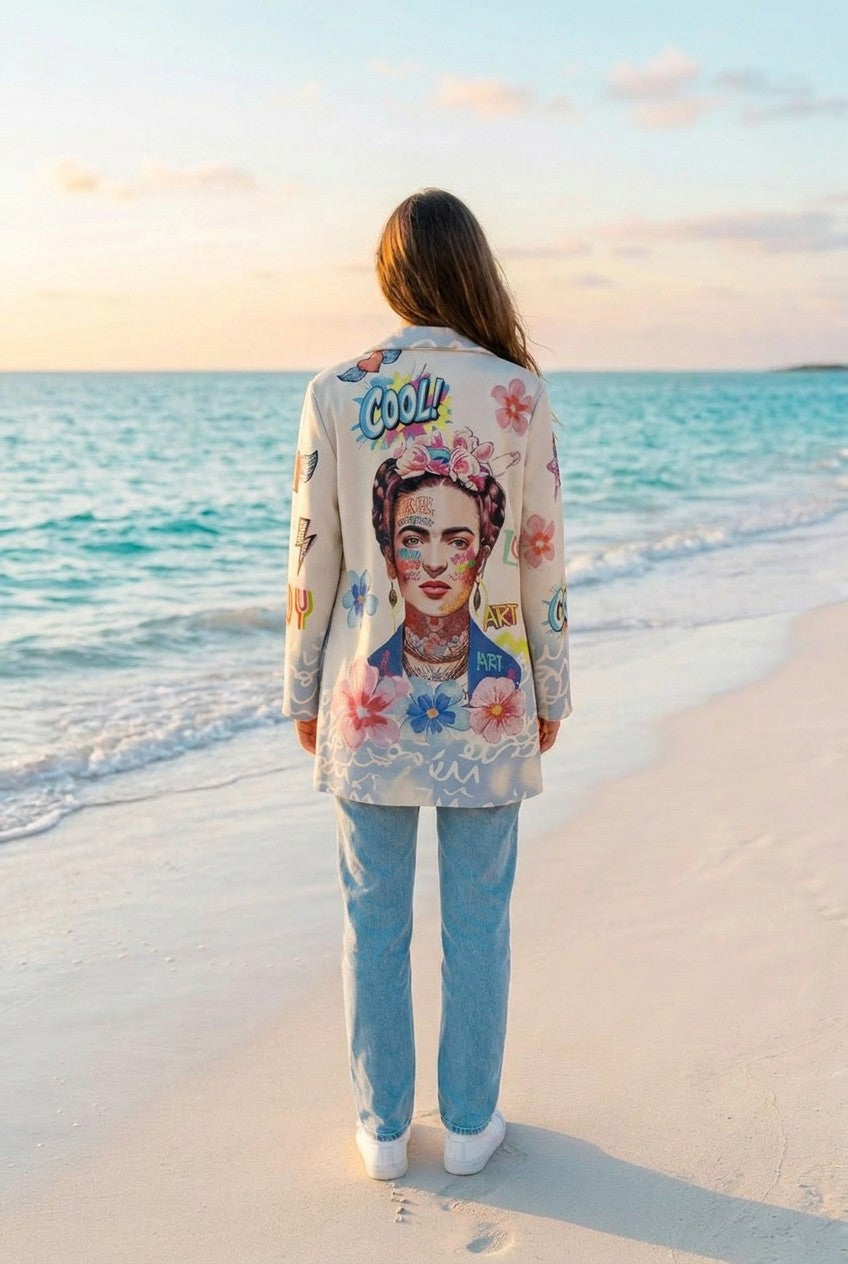 Frida-Print Longblazer – TraumStück Sylt – Beige, Rückansicht