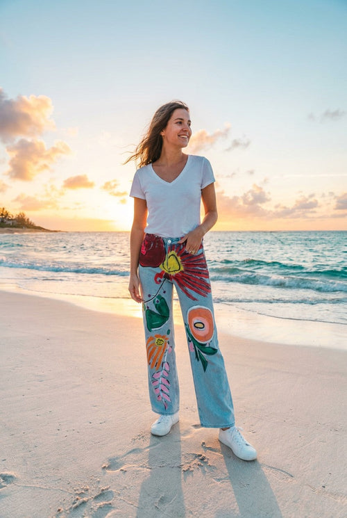 Blumen-Jeans Wide Leg – TraumStück Sylt – Blau, Vorderansicht