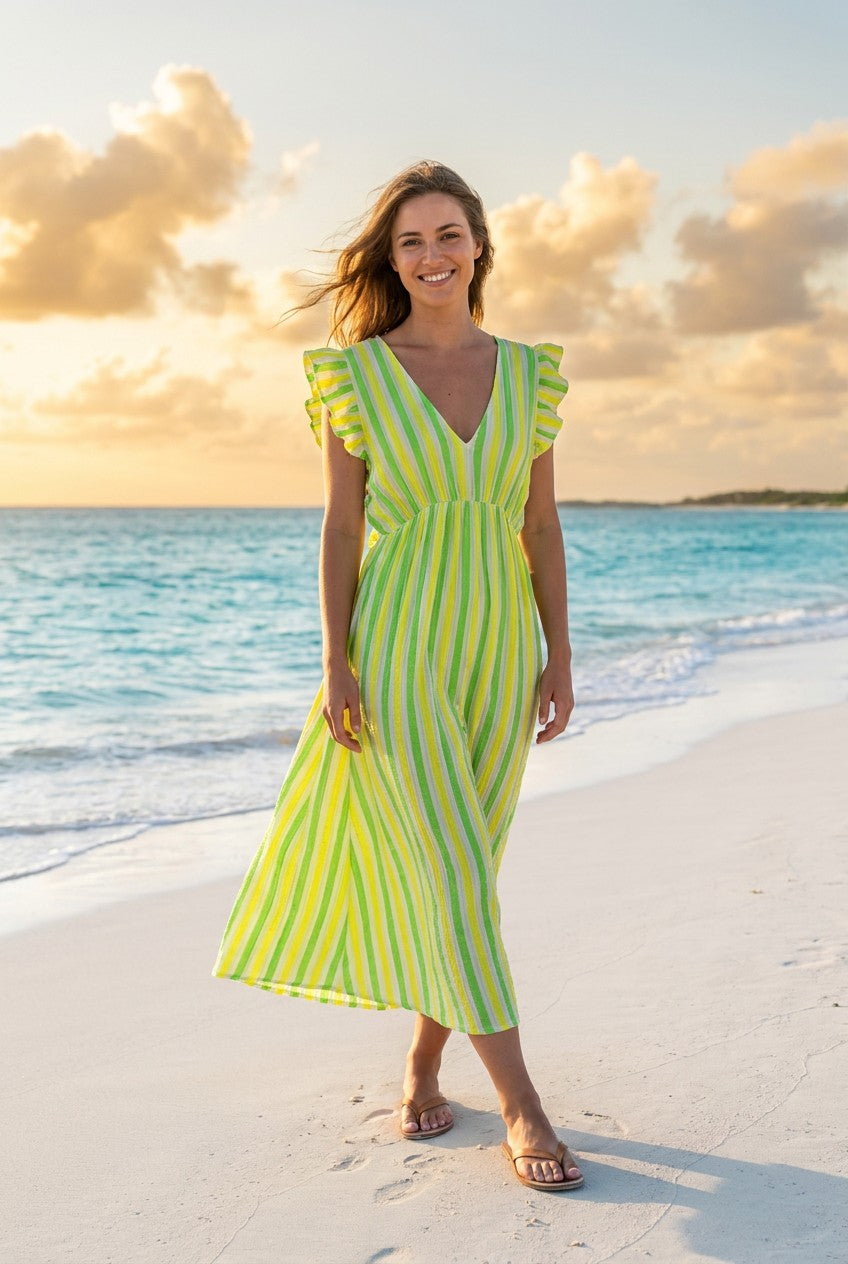 Kleid Streifen Grün Rüschenärmel – TraumStück Sylt – Grün, Vorderansicht