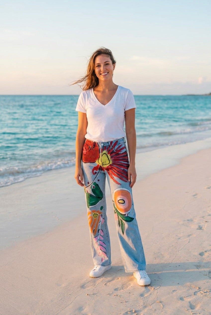 Jeans Blumen-Print Hellblau Wide-Leg – TraumStück Sylt – Hellblau, Vorderansicht