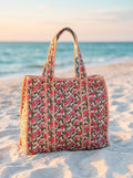 Shopper Blumenmuster Block-Print Beige – TraumStück Sylt – Beige, Vorderansicht