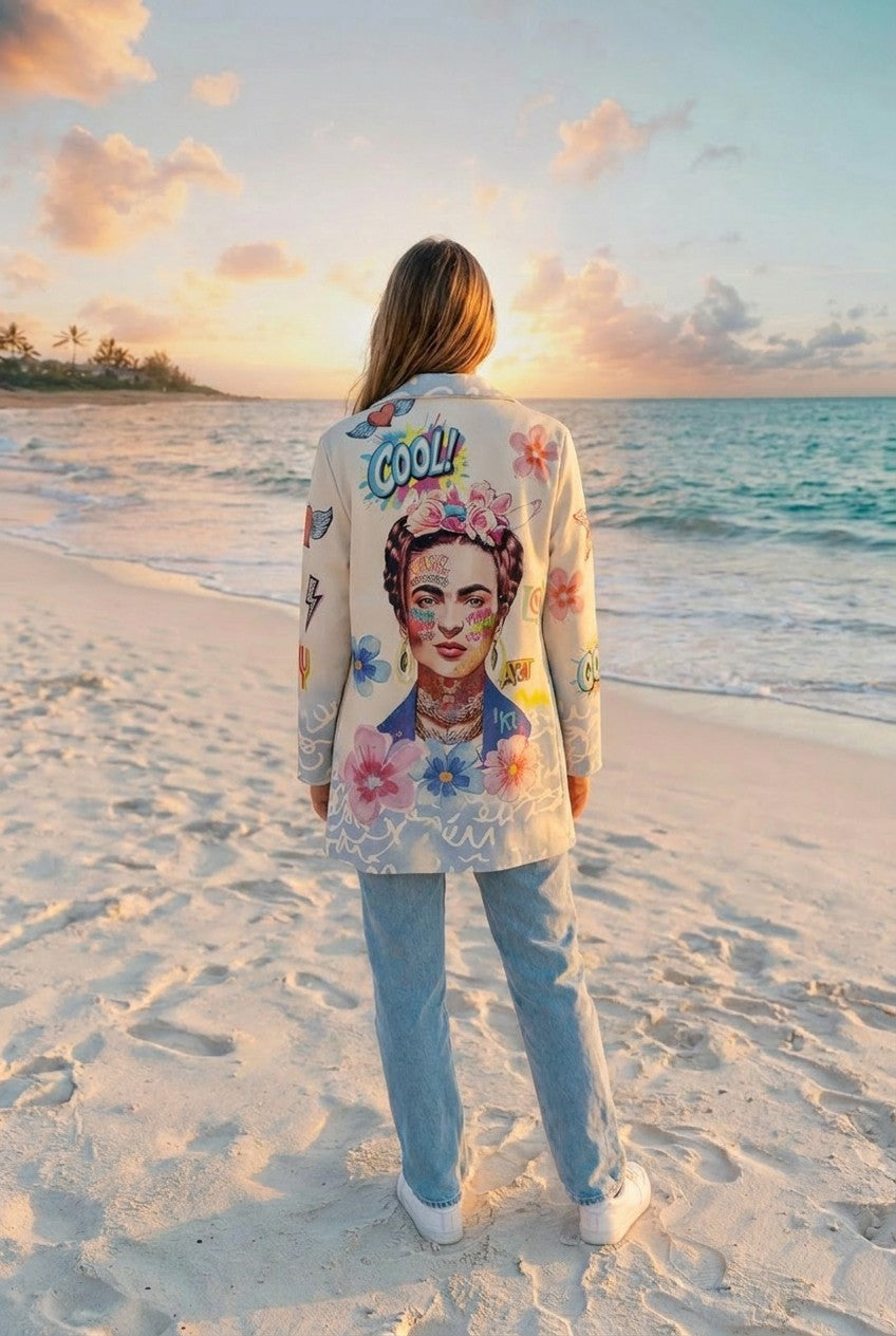 Blazer Pop-Art-Print Frida Kahlo – TraumStück Sylt – Beige, Rückansicht