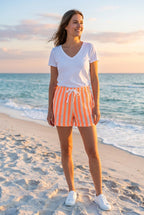 Shorts Musselin Streifen weit – TraumStück Sylt – Orange, Vorderansicht