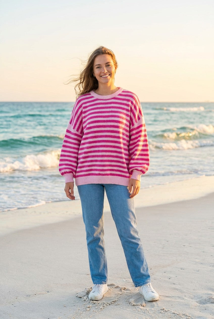 Pullover Strick Streifen Bouclé-Schriftzug – TraumStück Sylt – Pink, Vorderansicht