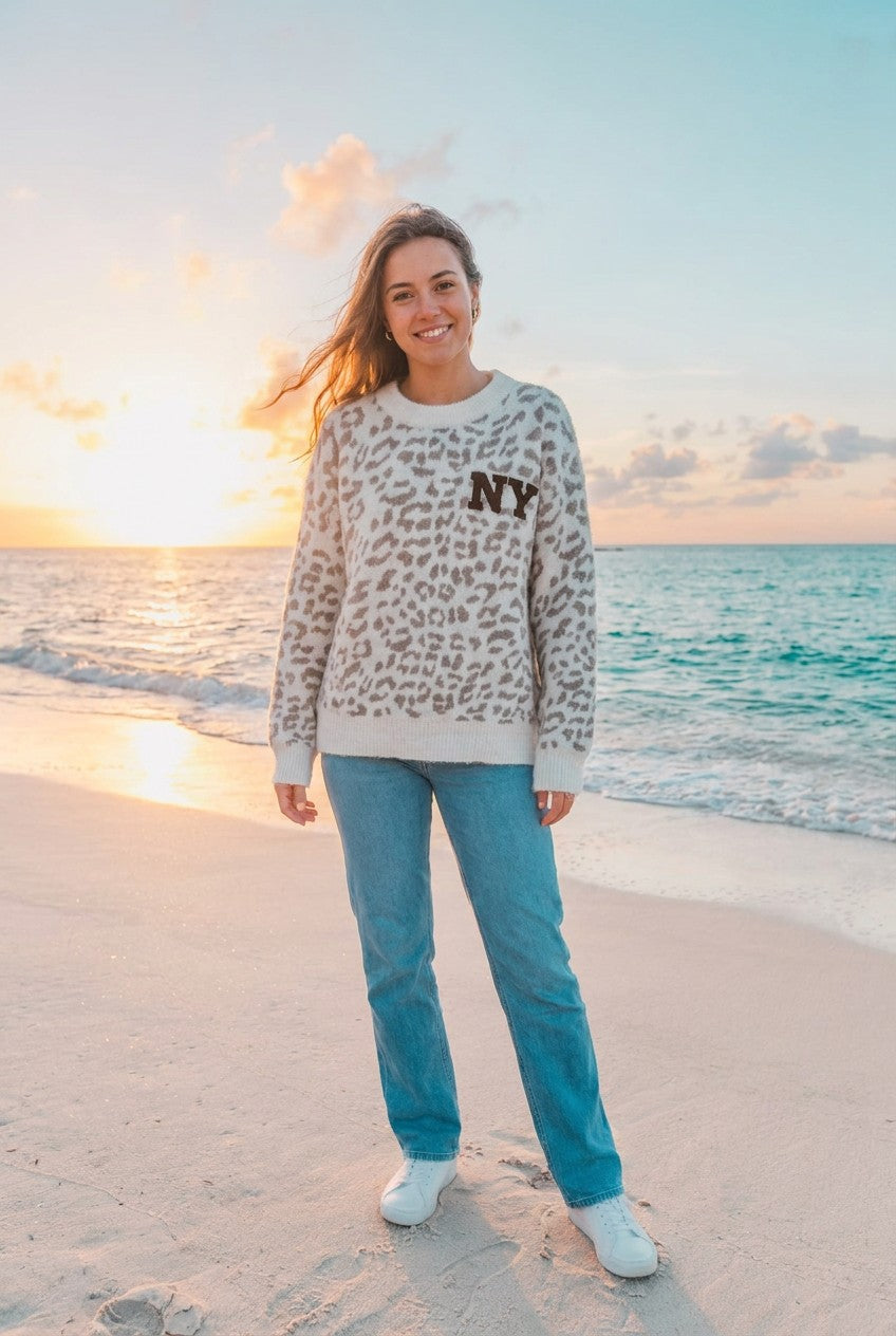 Pullover Grobstrick Leopard NY – TraumStück Sylt – Beige, Vorderansicht