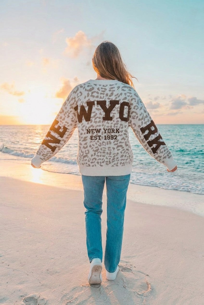 Pullover Grobstrick Leopard NY – TraumStück Sylt – Beige, Rückansicht