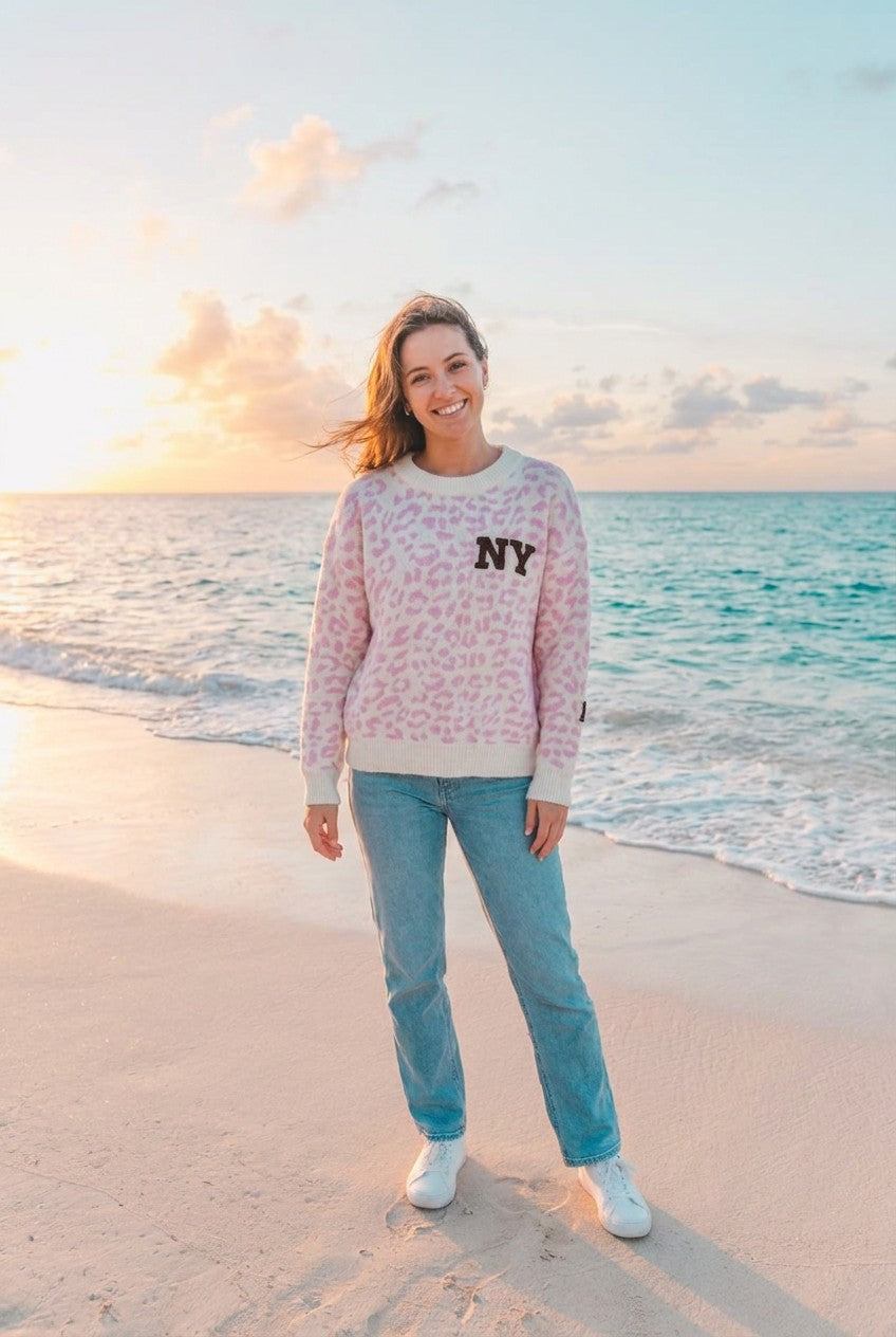 Pullover Grobstrick Leopard NY – TraumStück Sylt – Rosa, Vorderansicht