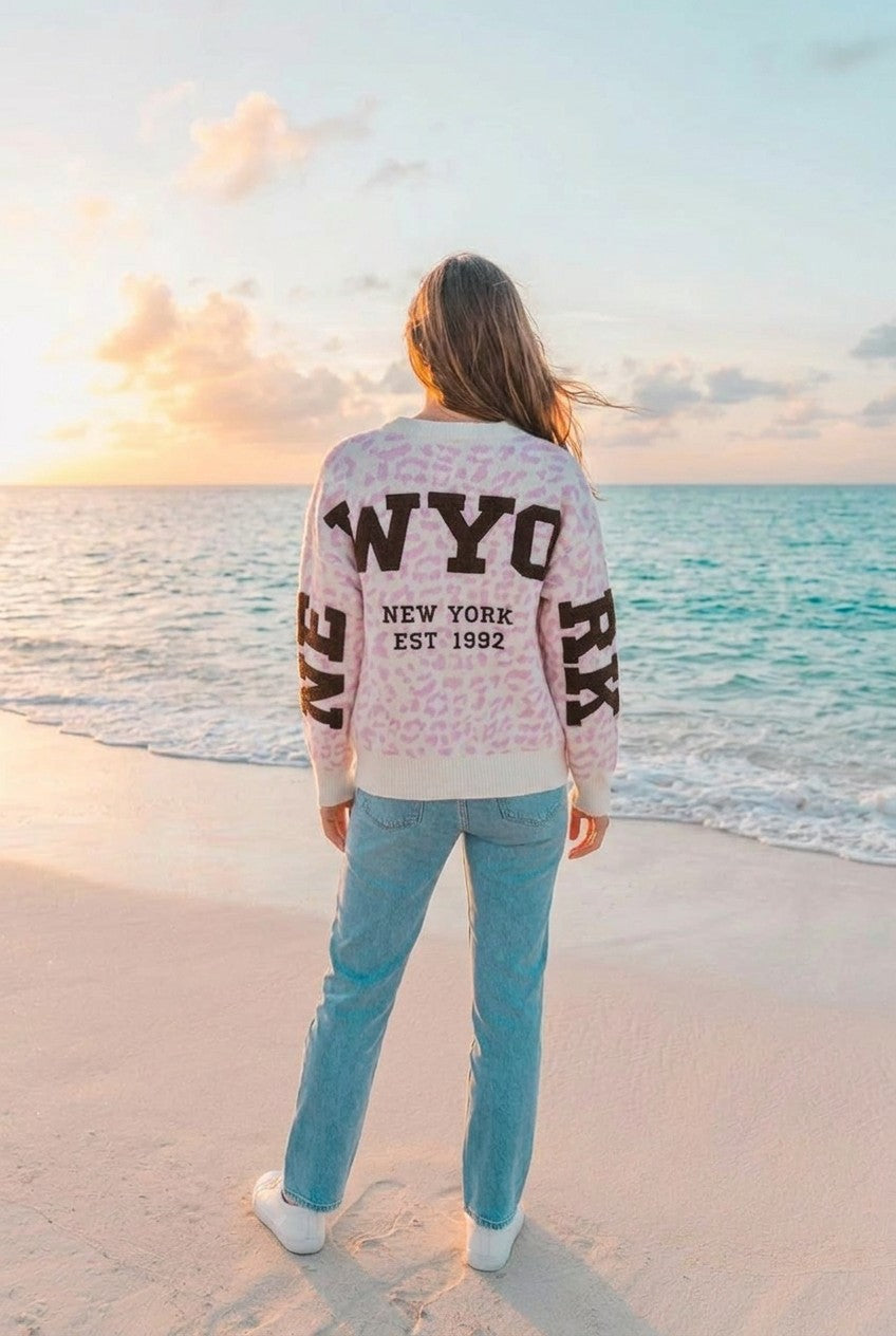 Pullover Grobstrick Leopard NY – TraumStück Sylt – Rosa, Rückansicht