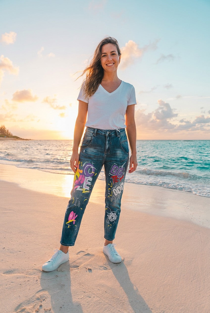 Jeans Graffiti-Print Used-Look – TraumStück Sylt – Blau, Vorderansicht