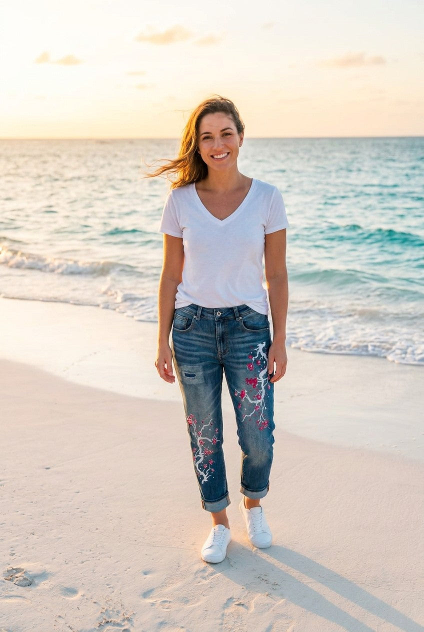 Jeans Kirschblüten-Stickerei Blau – TraumStück Sylt – Blau, Vorderansicht