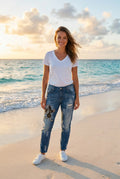Jeans Destroyed Strass-Cartoon – TraumStück Sylt – Blau, Vorderansicht