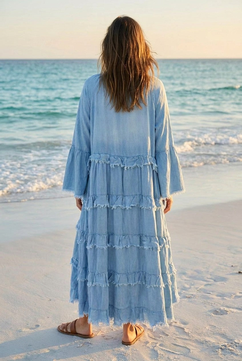 Kleid Fledermausärmel Ombré Fransen – TraumStück Sylt – Blau, Rückansicht