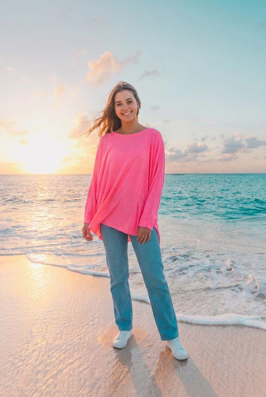 Oversized Top mit Zierkette – TraumStück Sylt – Pink, Vorderansicht