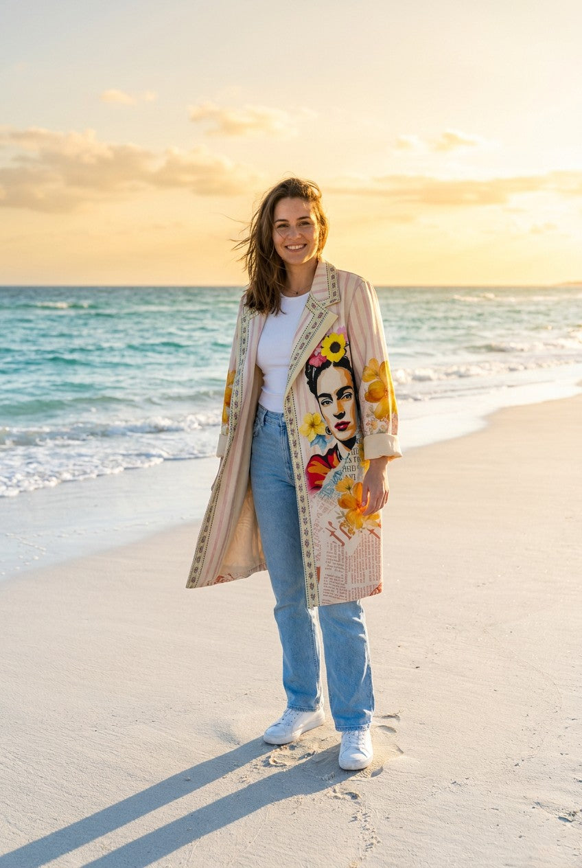 Jacke Weiß Frida-Kahlo-Print – TraumStück Sylt – Weiß, Vorderansicht