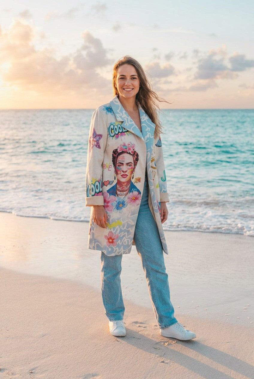 Blazer Pop-Art Frida Kahlo Beige – TraumStück Sylt – Beige, Vorderansicht