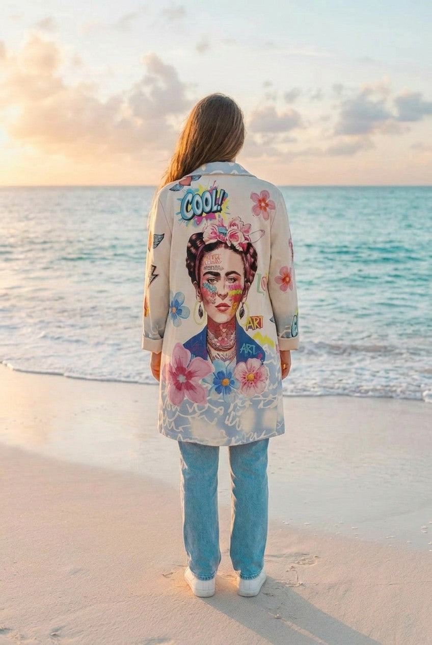 Blazer Pop-Art Frida Kahlo Beige – TraumStück Sylt – Beige, Rückansicht
