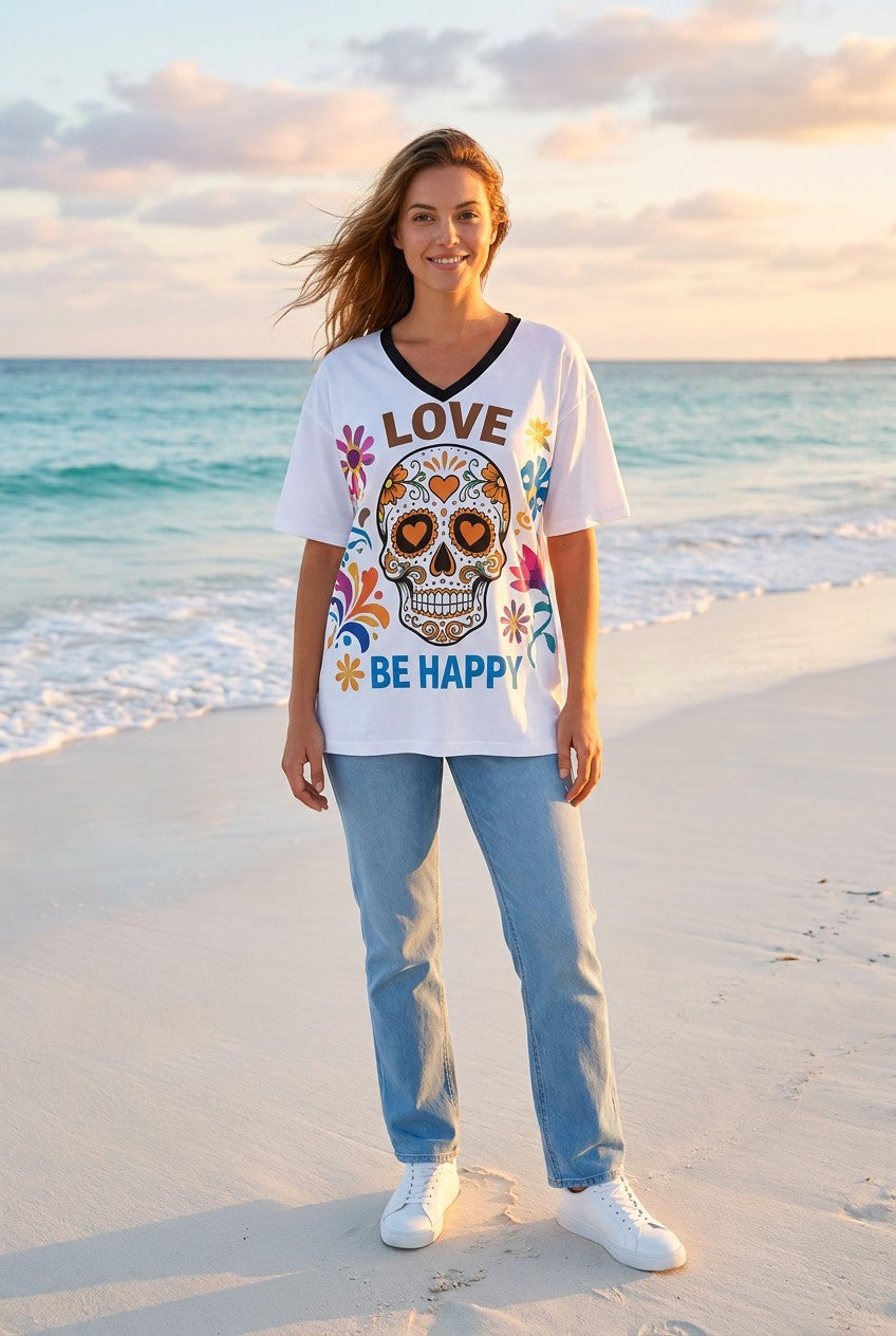 Oversized T-Shirt Sugar Skull Weiß – TraumStück Sylt – Weiß, Vorderansicht