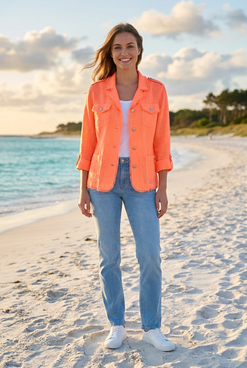 Leinenjacke Oversized Fransen – TraumStück Sylt – Orange, Vorderansicht