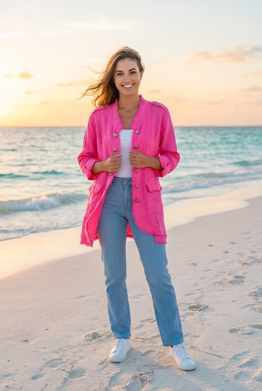 Leinenjacke Oversized Fransen – TraumStück Sylt – Pink, Vorderansicht