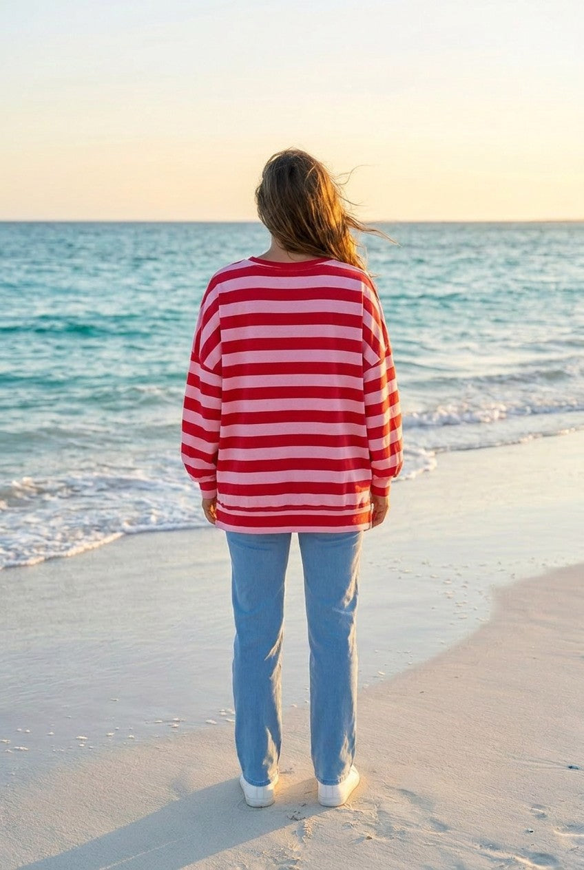 Sweatshirt Streifen Oversized – TraumStück Sylt – Rot, Rückansicht
