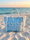 Shopper Blau Gänseblümchen Fransen – TraumStück Sylt – Blau, Vorderansicht