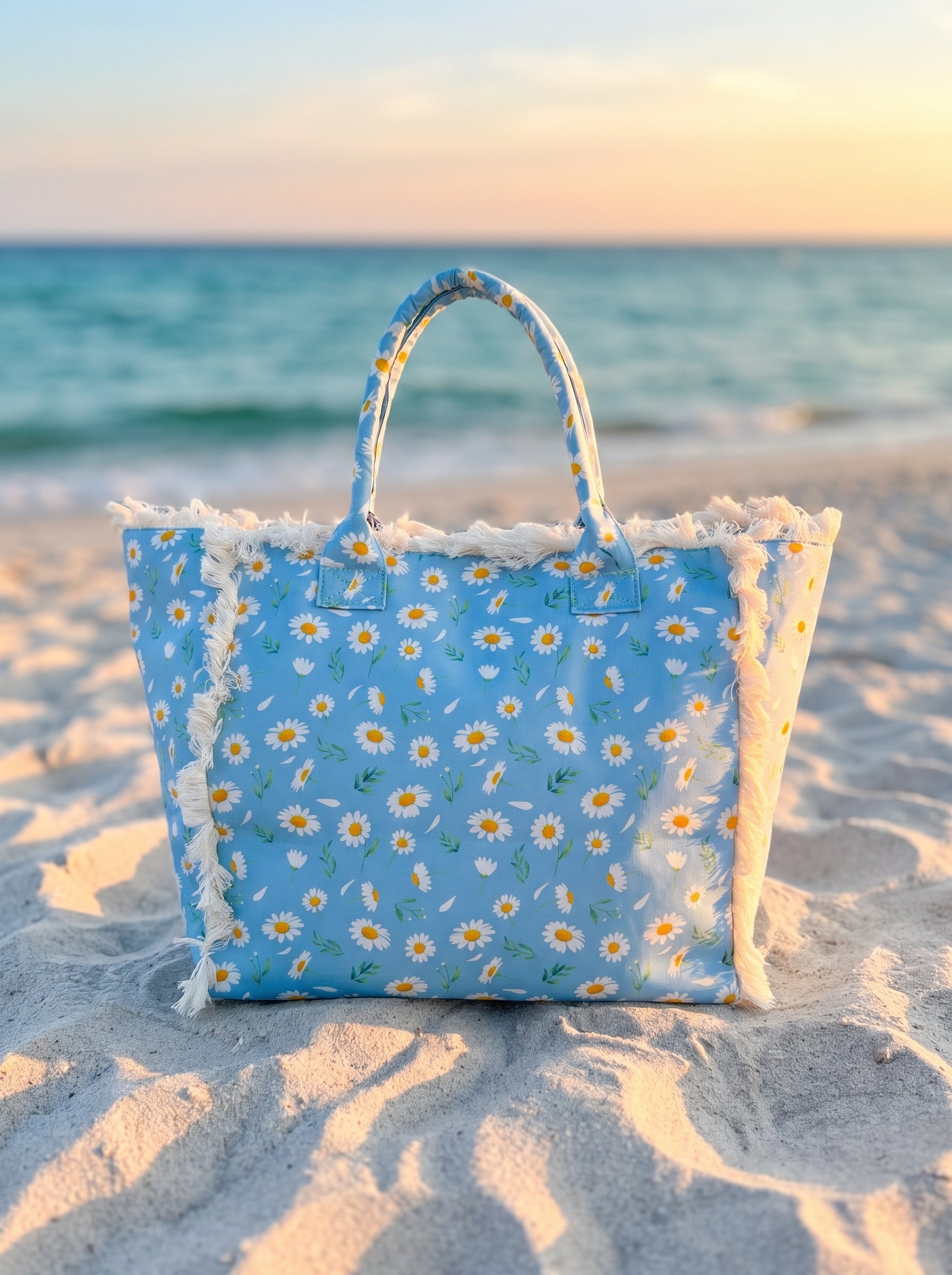 Shopper Blau Gänseblümchen Fransen – TraumStück Sylt – Blau, Vorderansicht