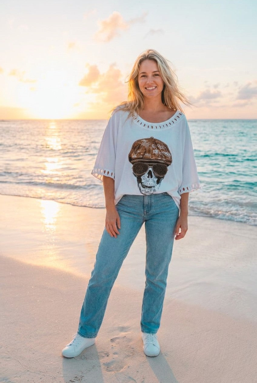 T-Shirt Skull-Print Oversized – TraumStück Sylt – Weiß, Vorderansicht