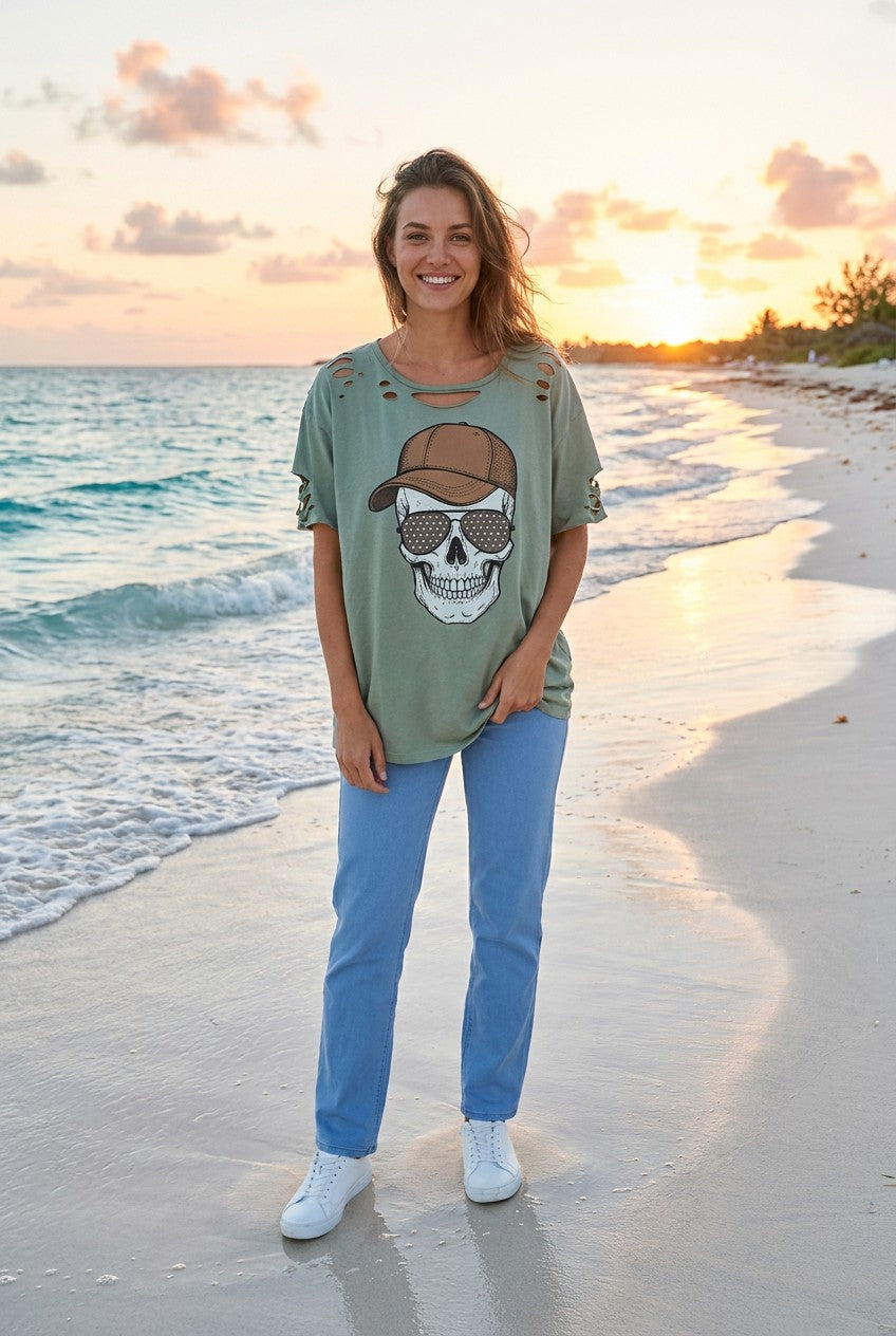 T-Shirt Skull-Print Oversized – TraumStück Sylt – Grün, Vorderansicht