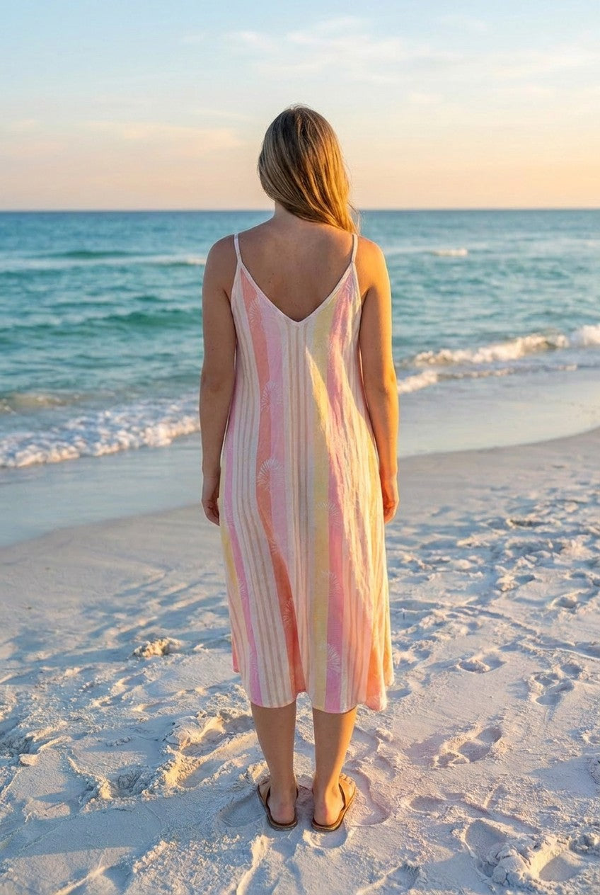 Maxikleid Streifen Fächermotiv – TraumStück Sylt – Orange, Rückansicht