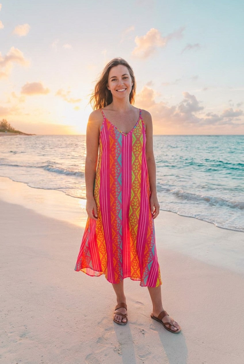 Sommerkleid Ethno-Muster lang – TraumStück Sylt – Pink, Vorderansicht