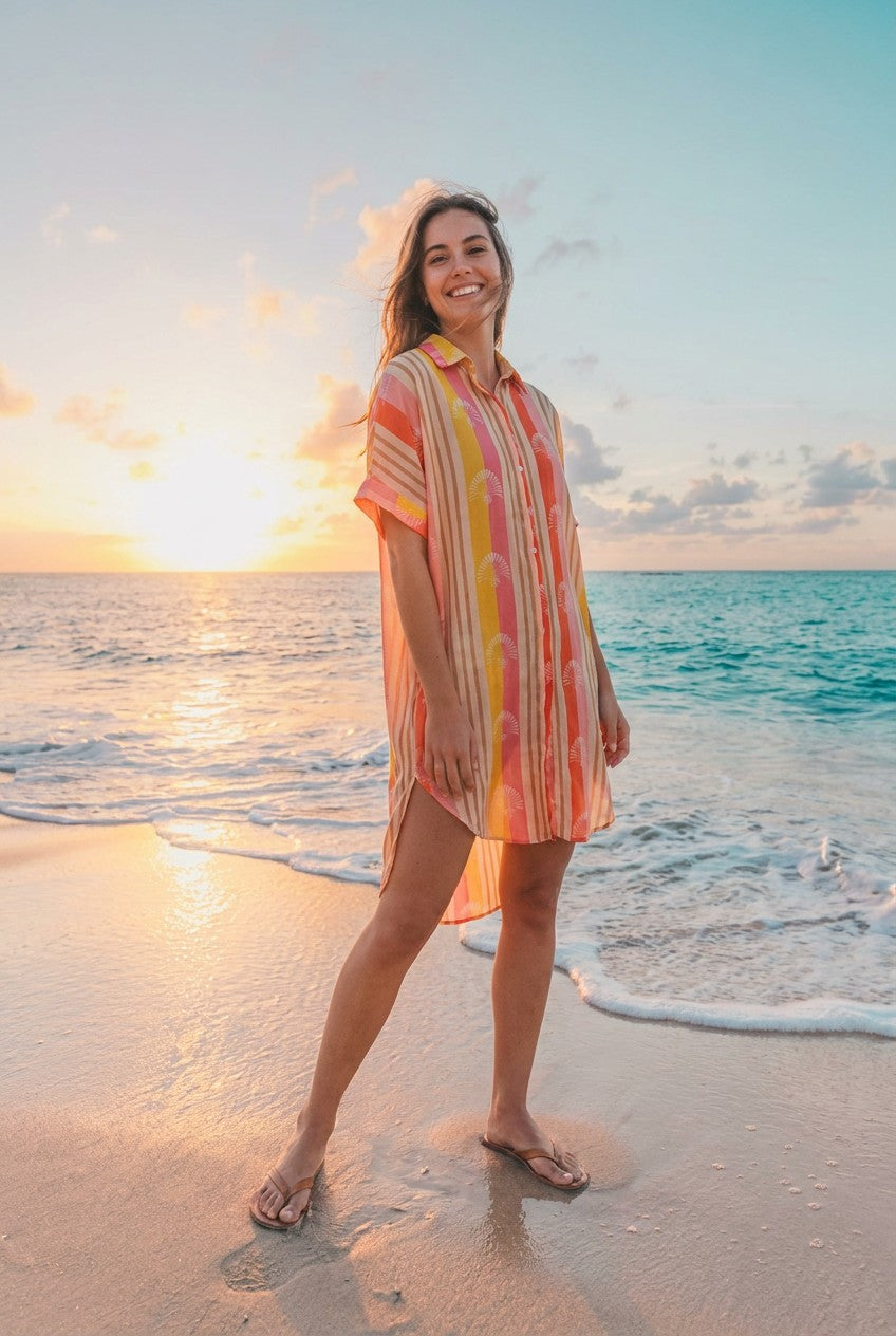Hemdblusenkleid Streifen Fächermotiv – TraumStück Sylt – Orange, Vorderansicht