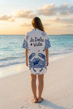 Hemdblusenkleid Streifen Meerestiere Blau – TraumStück Sylt – Blau, Rückansicht