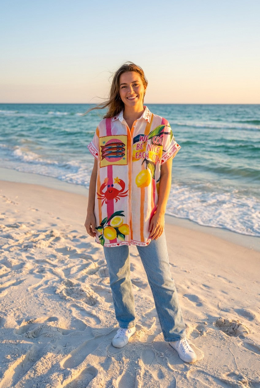 Overshirt Weiß Grafik-Print Kurzarm – TraumStück Sylt – Weiß, Vorderansicht