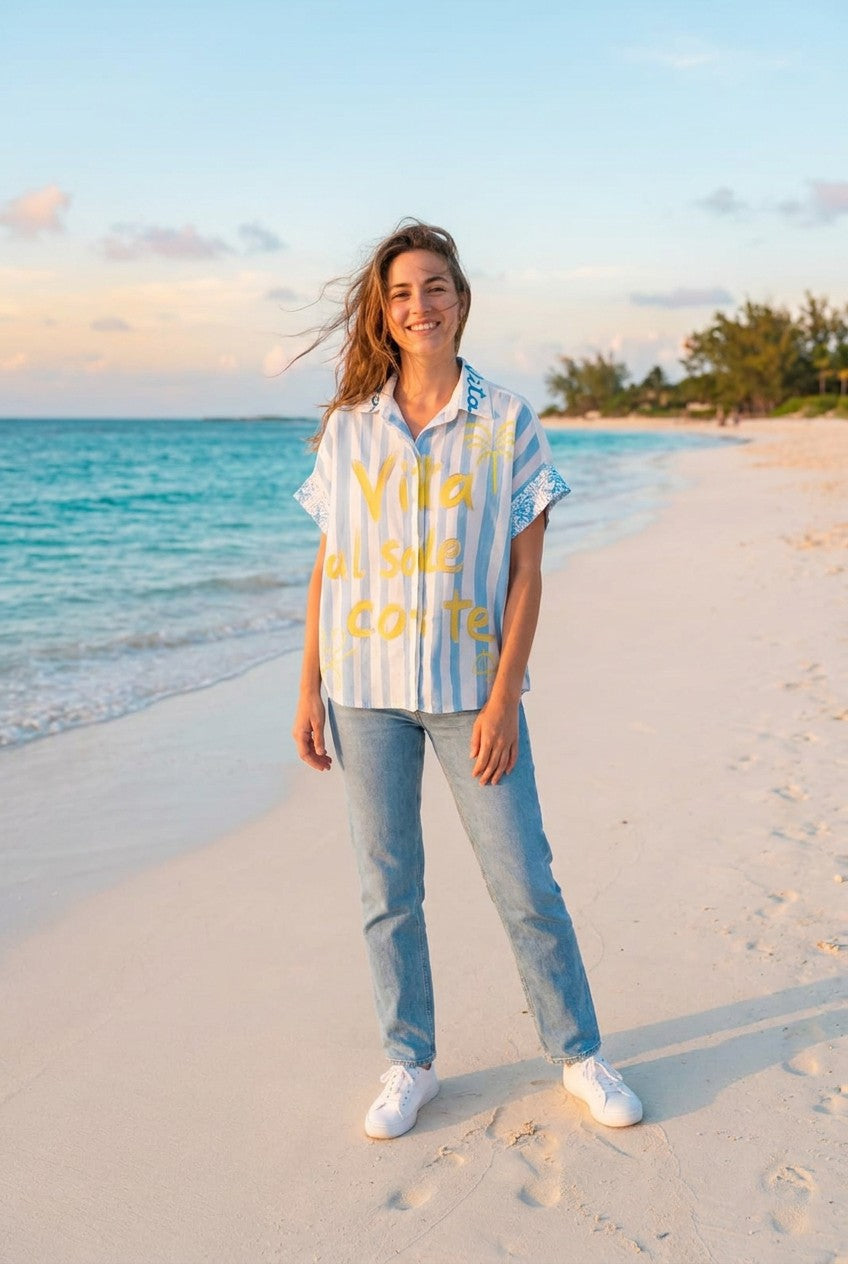 Oversized-Hemd Streifen-Print – TraumStück Sylt – Blau, Vorderansicht