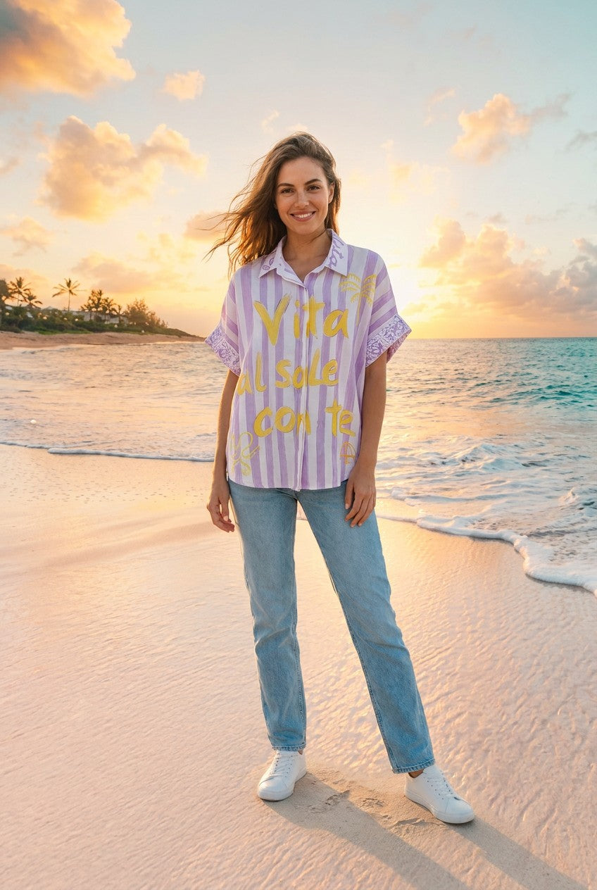 Oversized-Hemd Streifen-Print – TraumStück Sylt – Lila, Vorderansicht