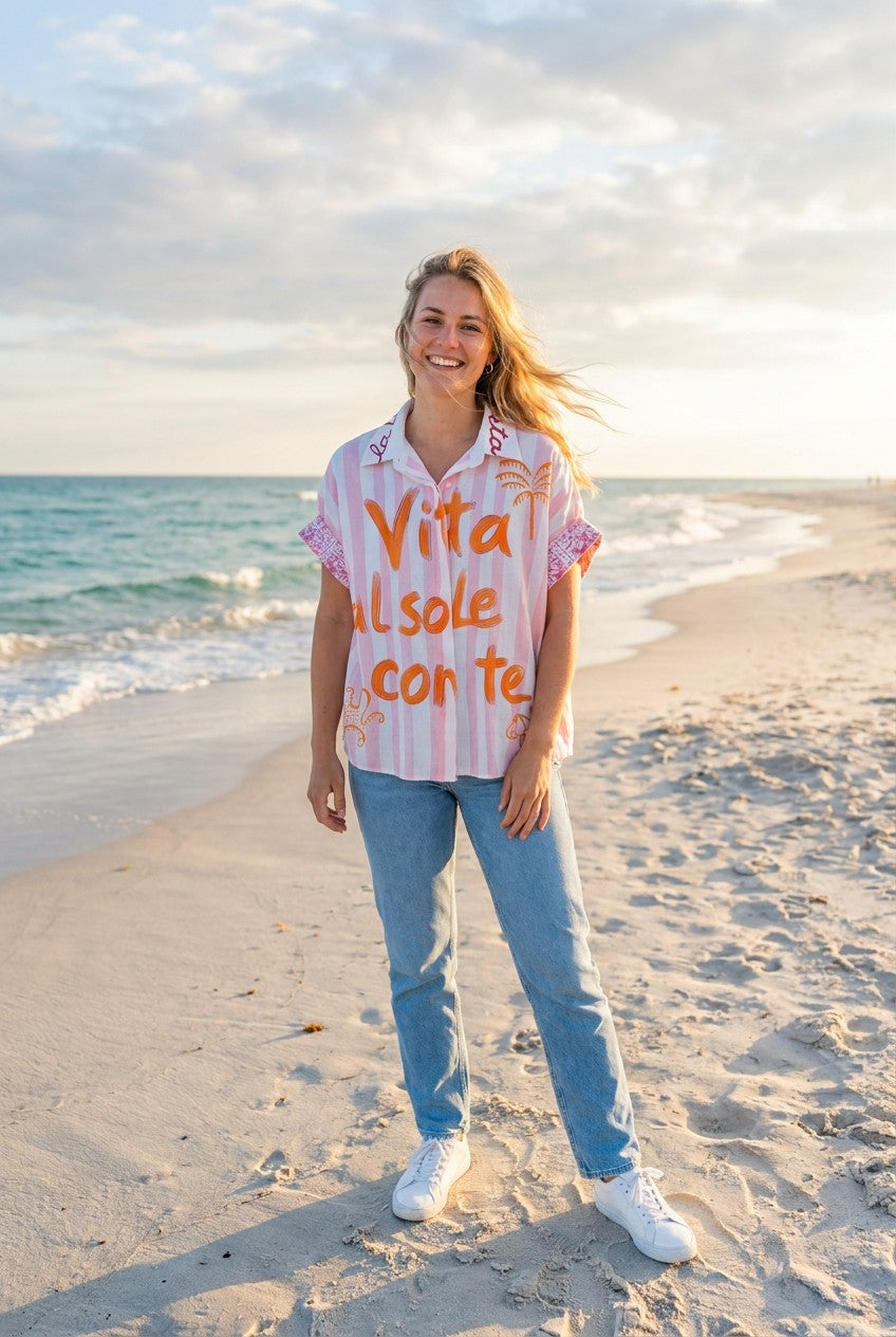 Oversized-Bluse Grafik-Print – TraumStück Sylt – Rosa, Vorderansicht