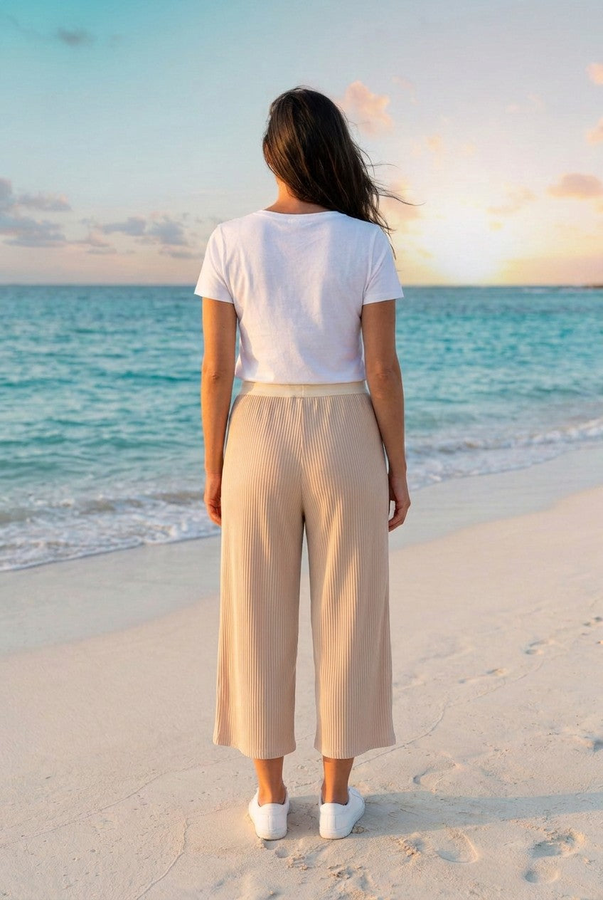 Jogger-Hose mit Rippstruktur – Beige, Rückansicht