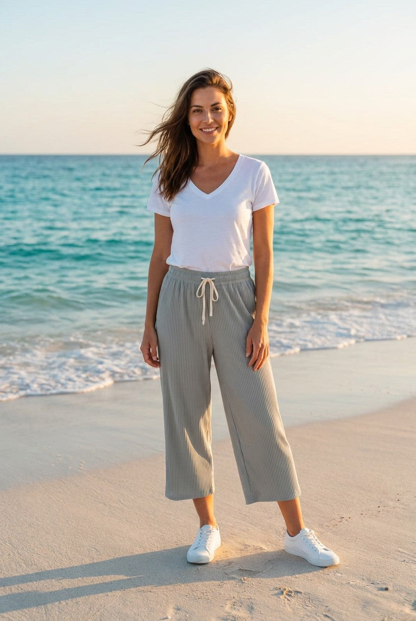 Jogger-Hose mit Rippstruktur – Grüngrau, Vorderansicht