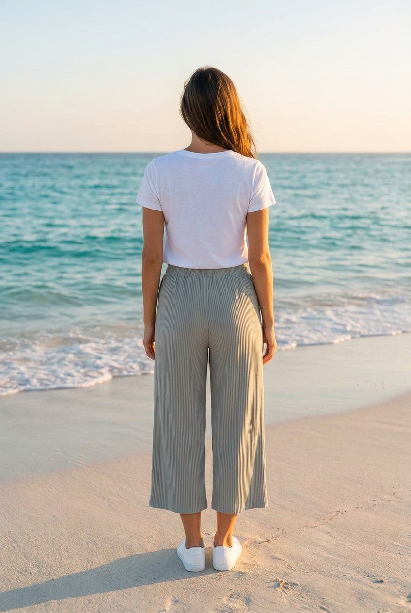 Jogger-Hose mit Rippstruktur – Grüngrau, Rückansicht