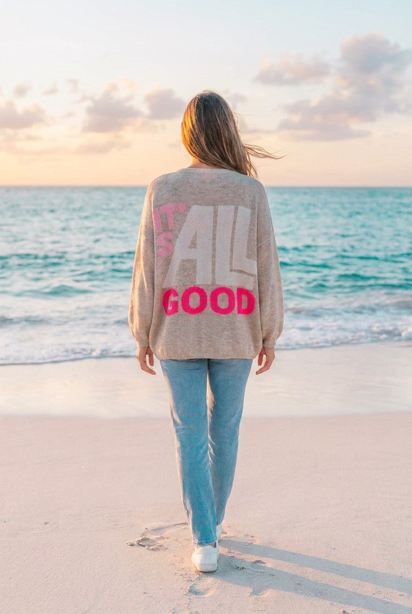 Pullover 'It's All Good' – Beige, Rückansicht