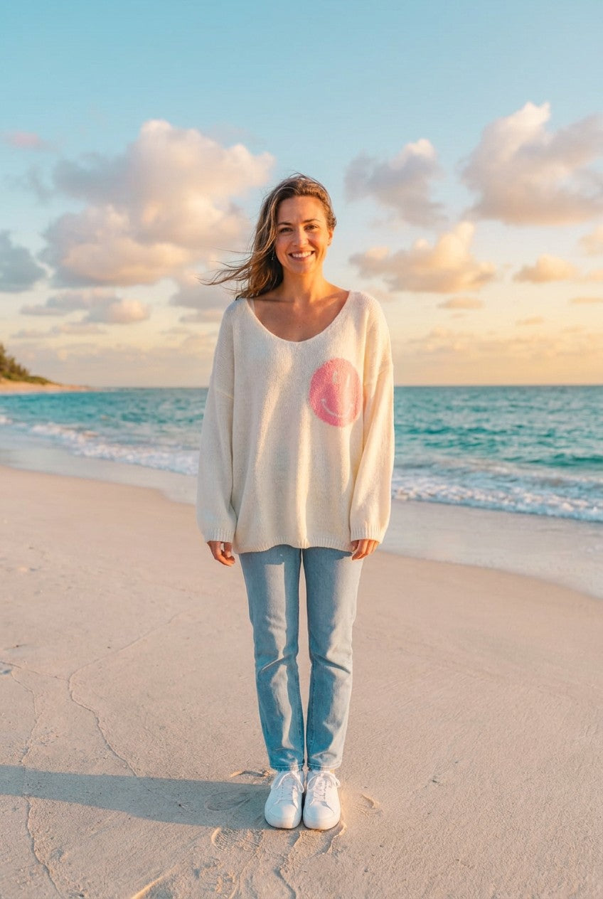 Strick-Pullover Happy-Face-Print – Weiß-grau, Vorderansicht