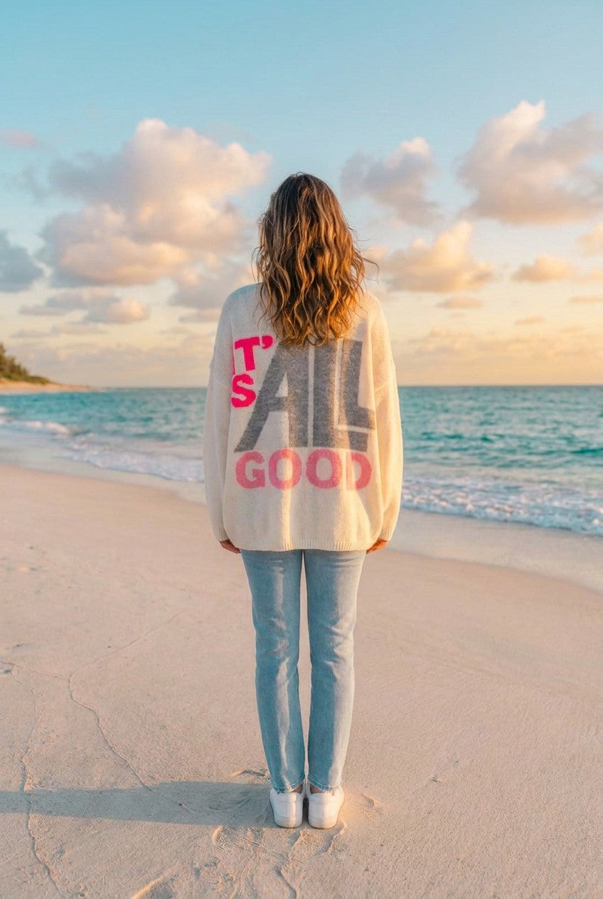 Strick-Pullover Happy-Face-Print – Weiß-grau, Rückansicht