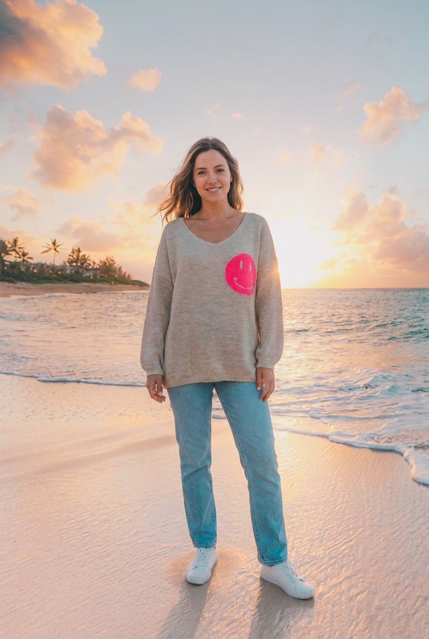 Strick-Pullover Happy-Face-Print – Beige, Vorderansicht