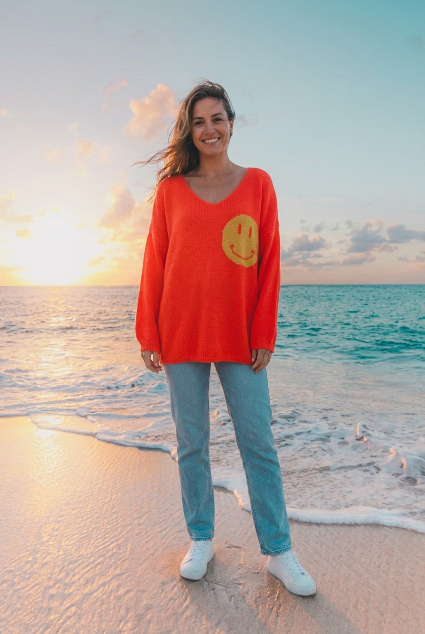 Strick-Pullover Happy-Face-Print – Orange, Vorderansicht