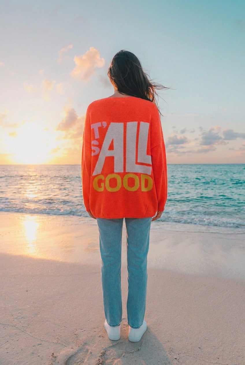 Strick-Pullover Happy-Face-Print – Orange, Rückansicht