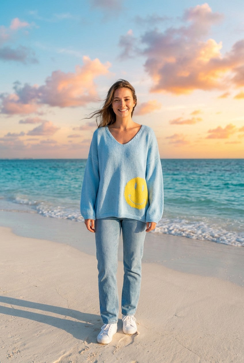 Strick-Pullover Happy-Face-Print – Blau, Vorderansicht