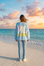 Strick-Pullover Happy-Face-Print – Blau, Rückansicht
