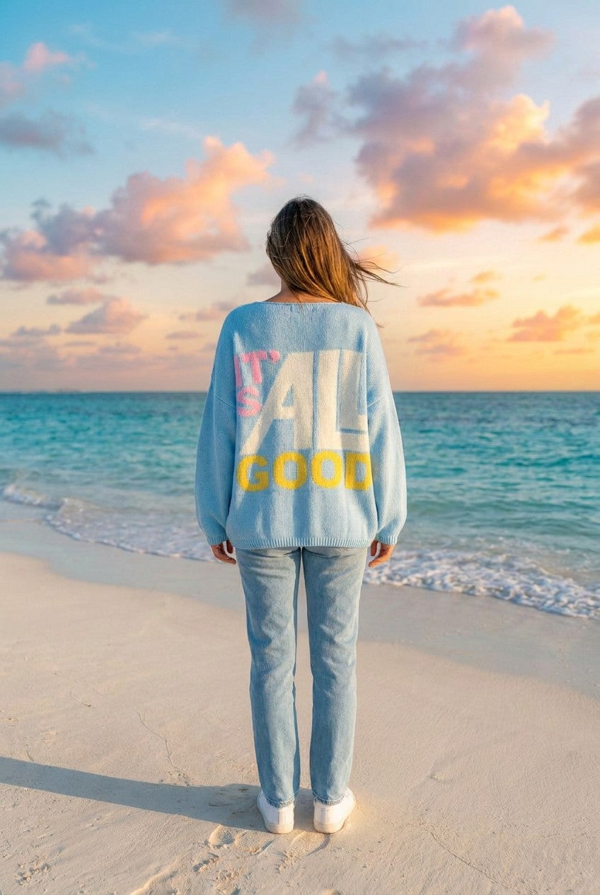 Strick-Pullover Happy-Face-Print – Blau, Rückansicht
