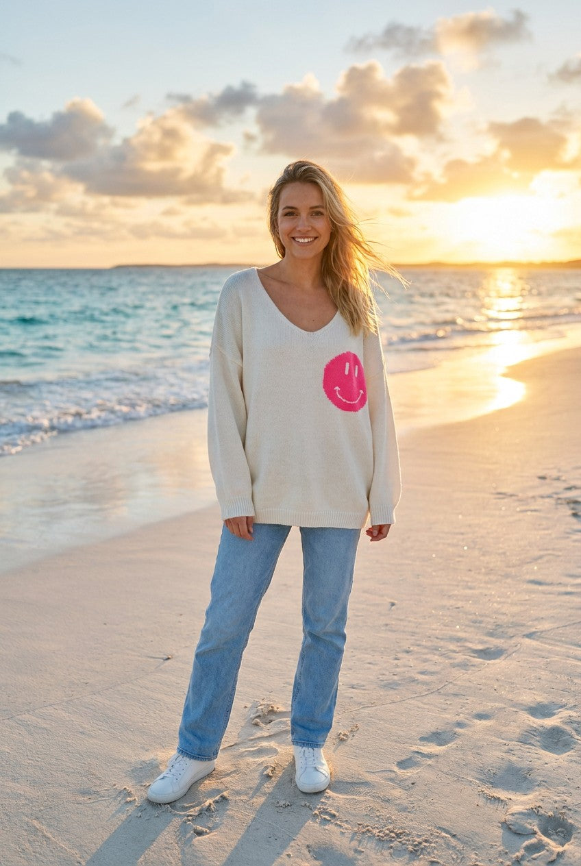 Strick-Pullover Happy-Face-Print – Weiß-bunt, Vorderansicht