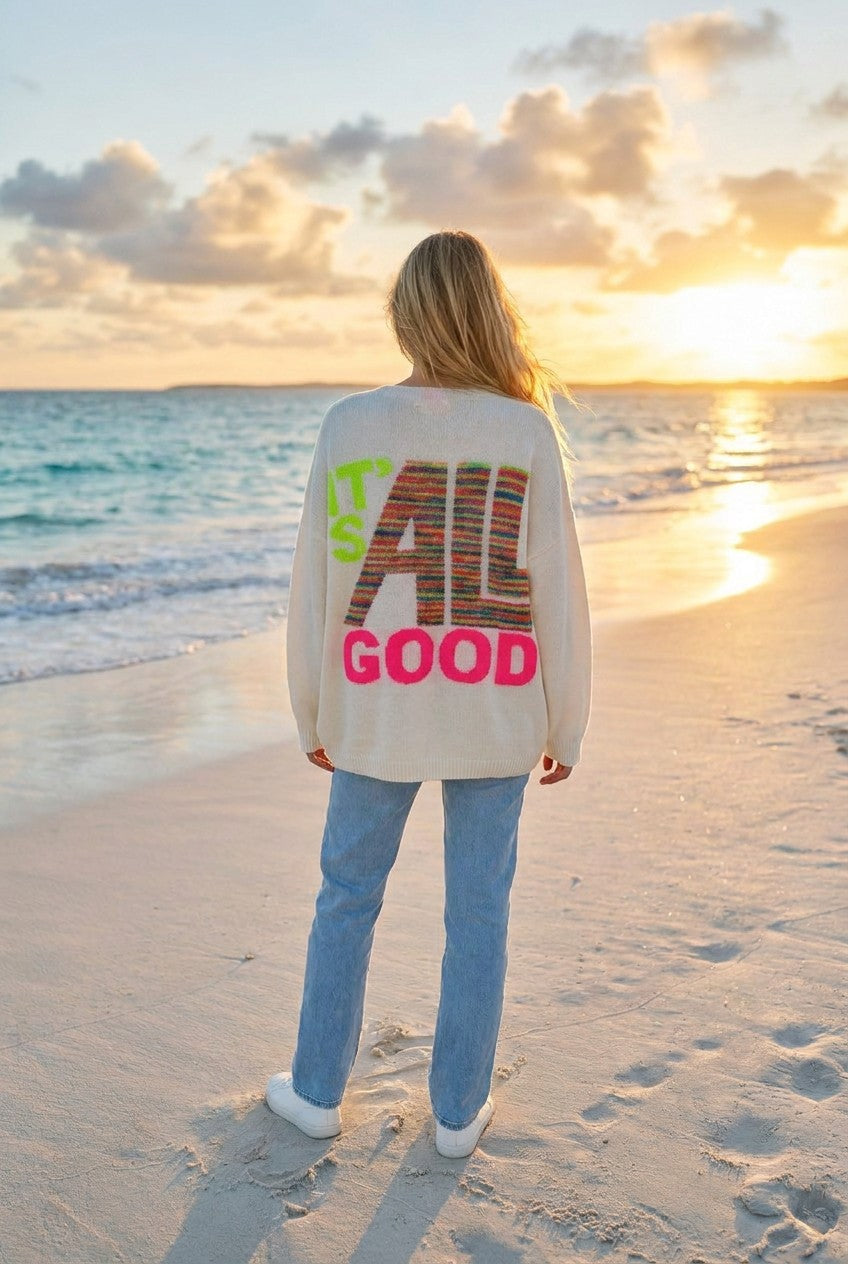 Strick-Pullover Happy-Face-Print – Weiß-bunt, Rückansicht